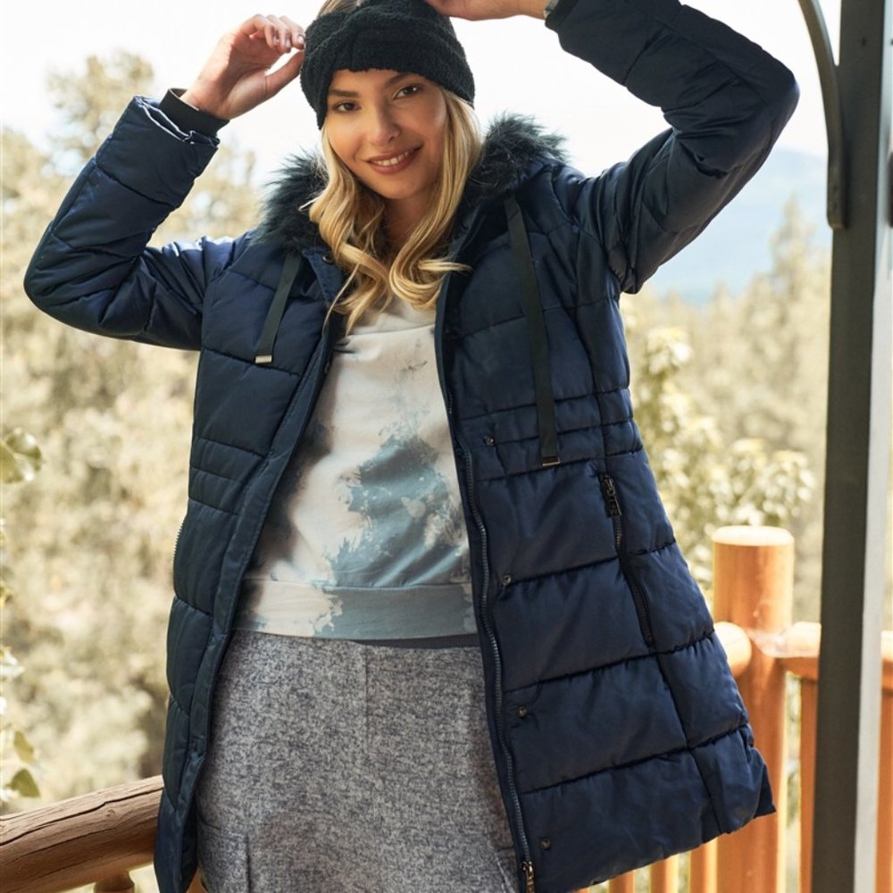 Navy Long Vegan Fur Hood Winter puffer Jacket